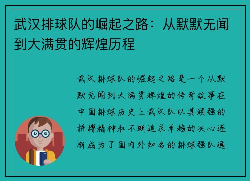 武汉排球队的崛起之路：从默默无闻到大满贯的辉煌历程